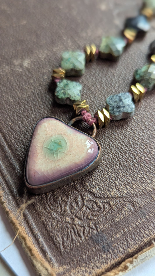 Knotted Necklace with African Turquoise and Ceramic Pendant