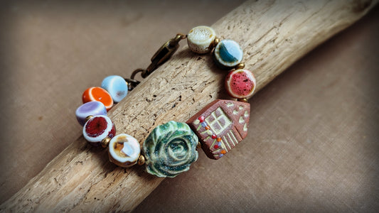 Ceramic Beaded Bracelet with House Focal