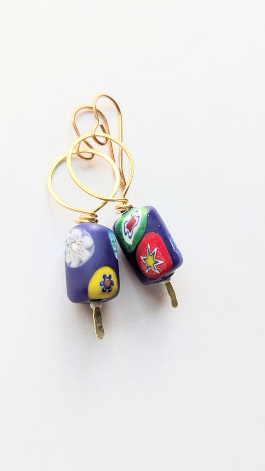 Millefiori Glass and Gold Wire Earrings