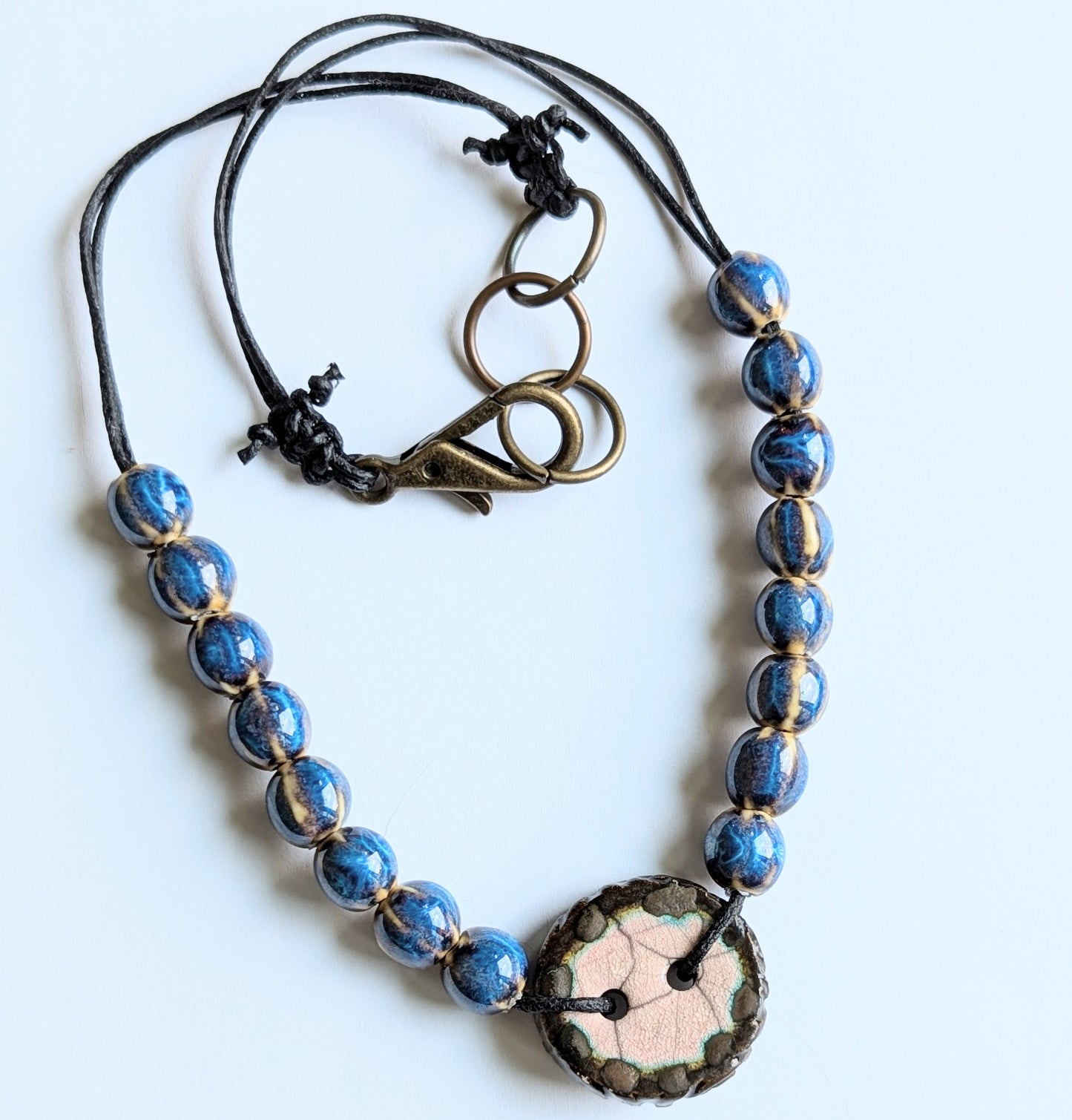 Ceramic Beaded Necklace with Button Focal