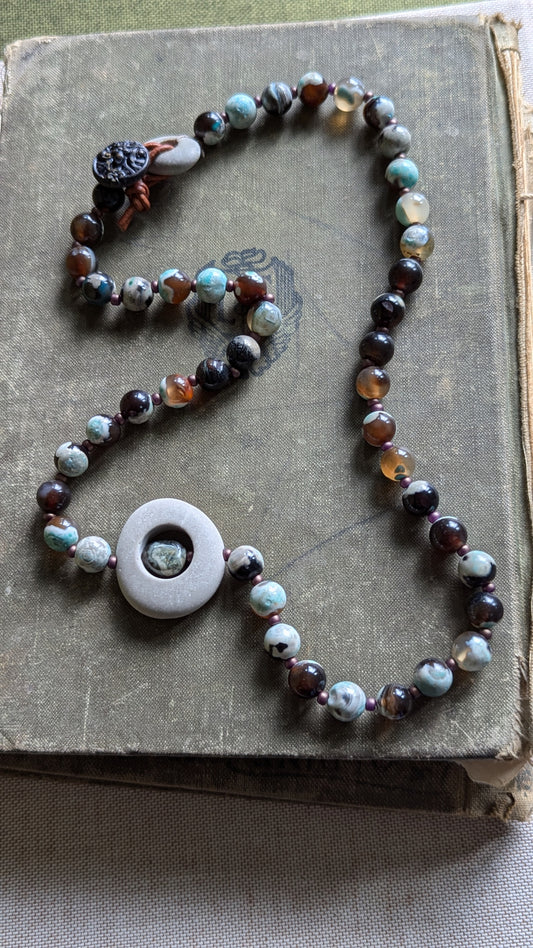 Beaded Agate Necklace with Drilled Beach Stones