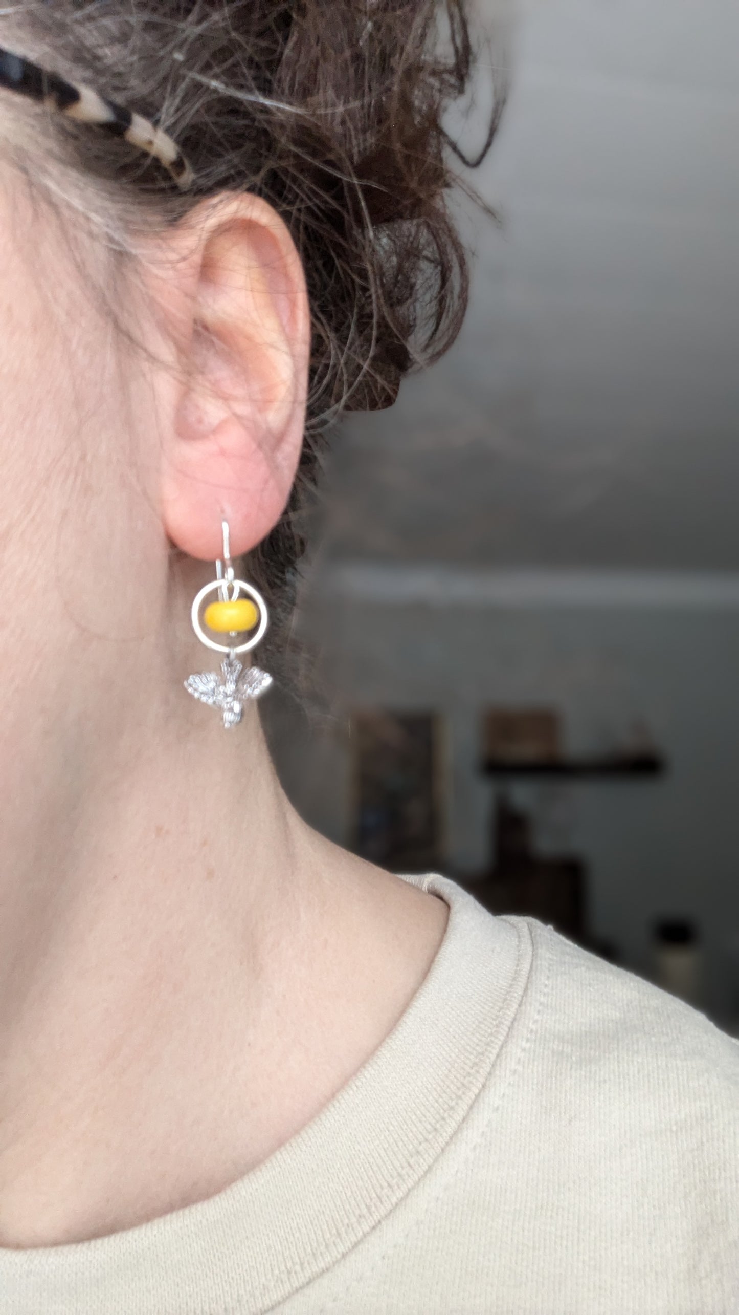 Pewter Bird Earrings with Yellow Glass