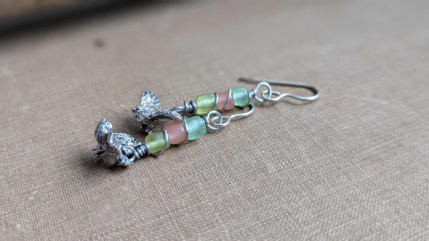 Indonesian Glass Beaded Earrings with Tiny Birds