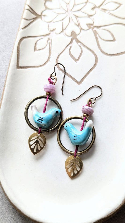 Bird and Brass Hoop Earrings