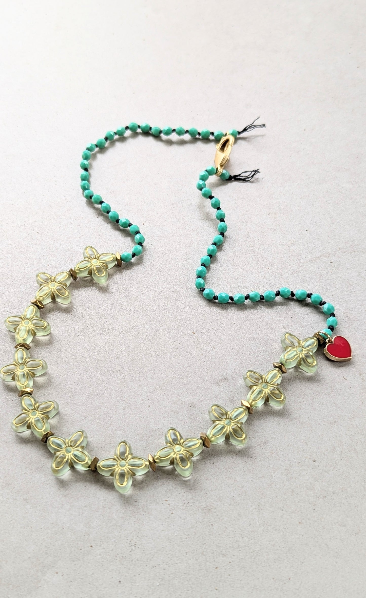 Knotted Necklace with Lucite Flowers and Enamel Heart Charm