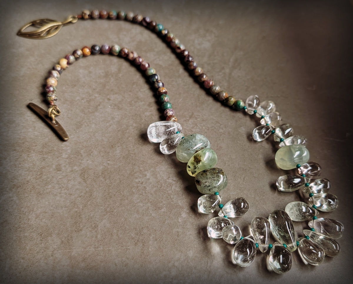 Beaded Stone Necklace with Leaf Clasp