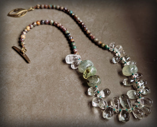 Beaded Stone Necklace with Leaf Clasp