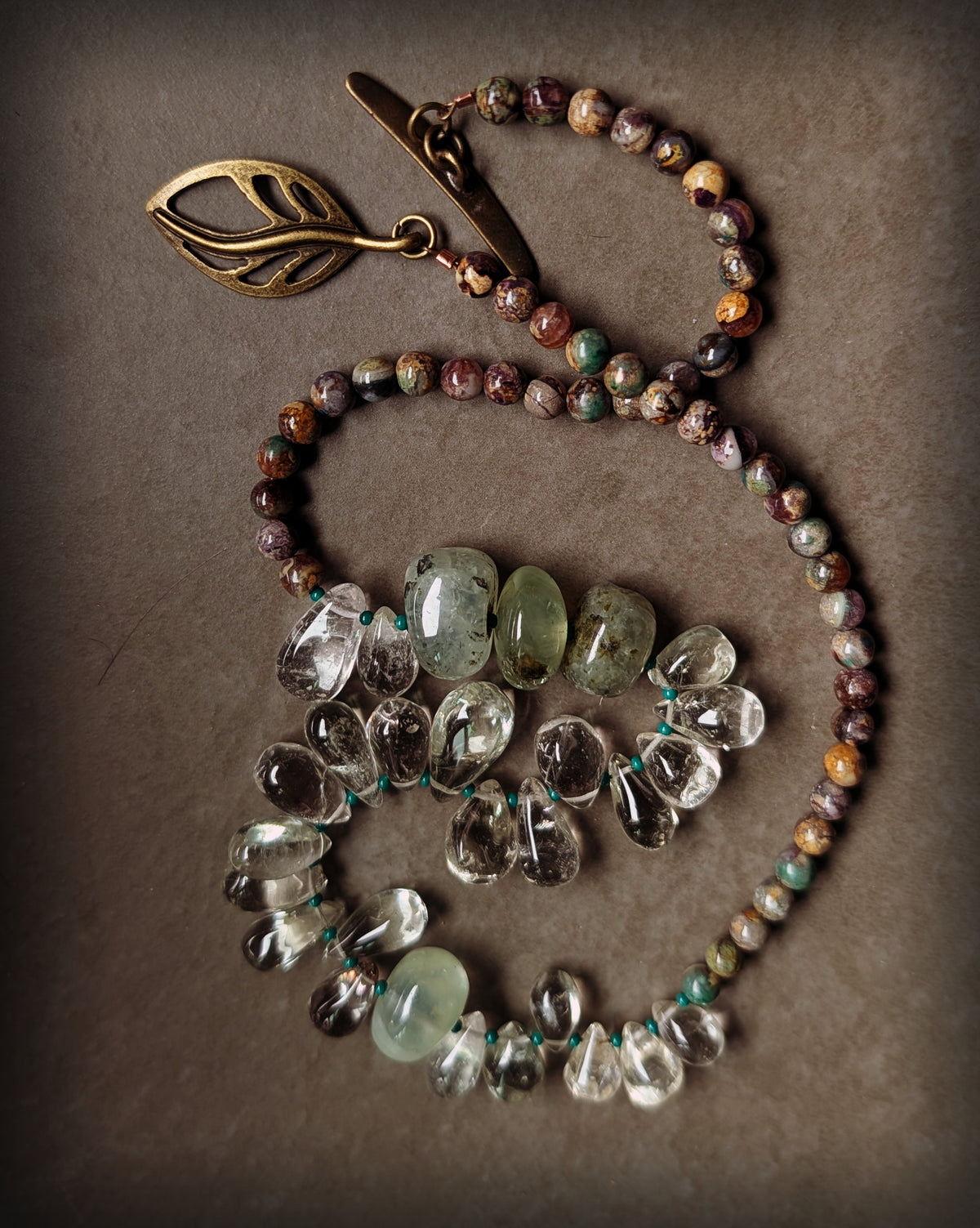 Beaded Stone Necklace with Leaf Clasp
