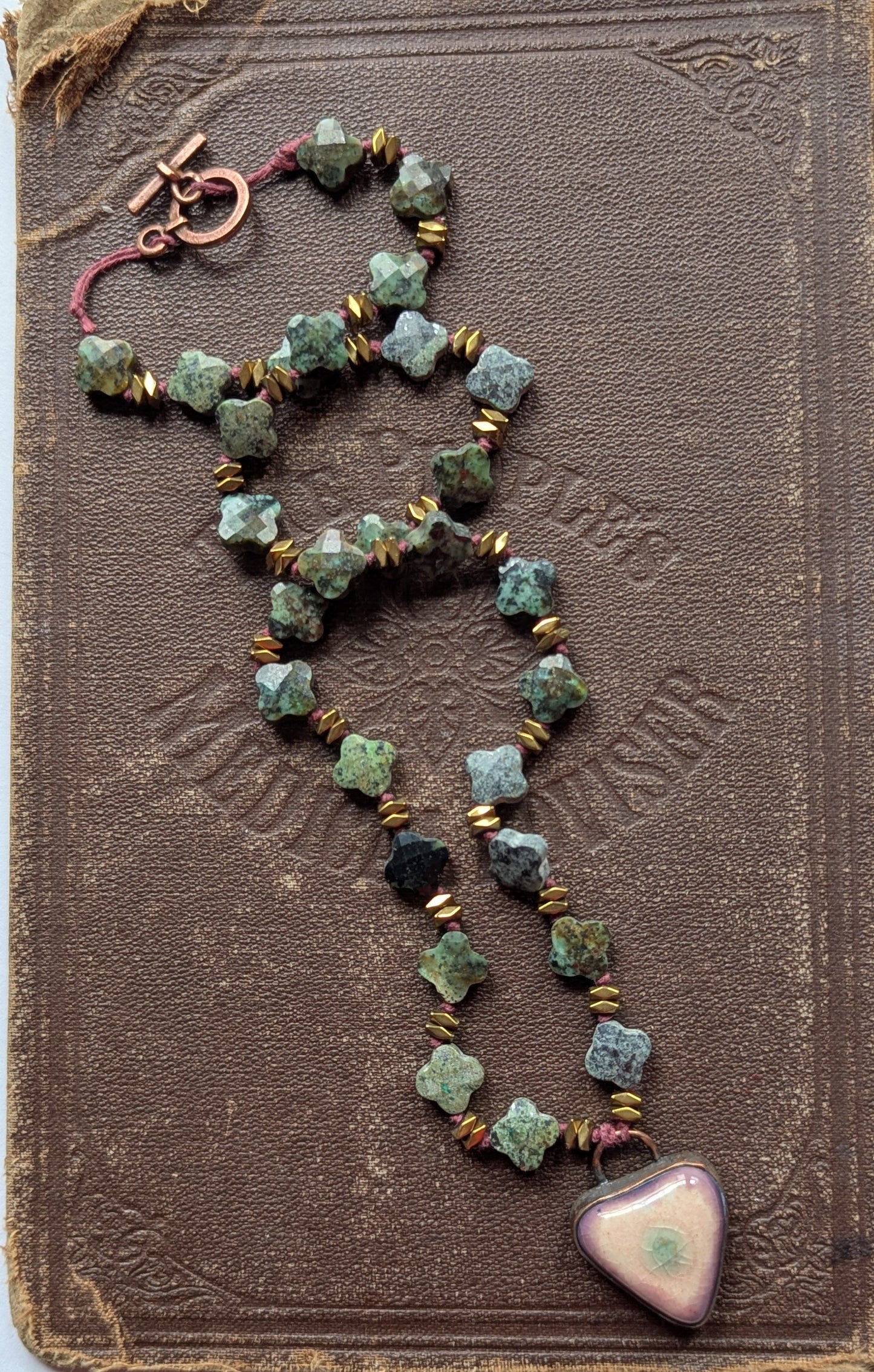Knotted Necklace with African Turquoise and Ceramic Pendant