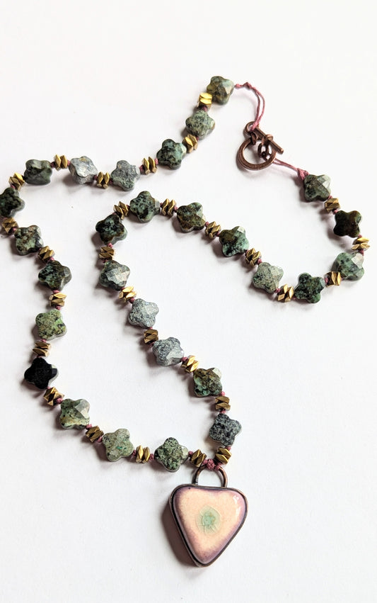 Knotted Necklace with African Turquoise and Ceramic Pendant