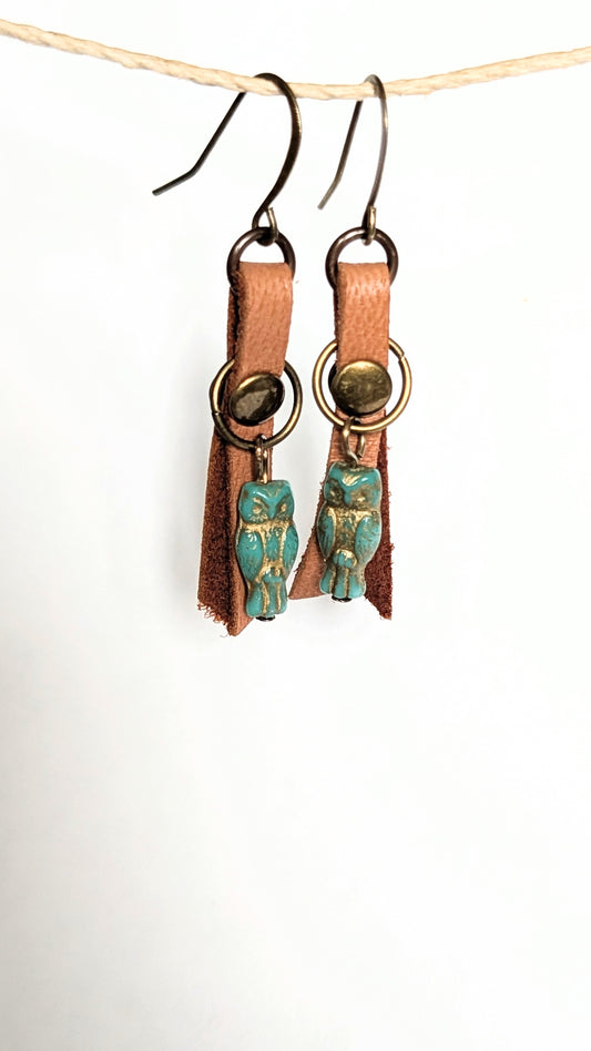 Leather And Glass Owls Earrings