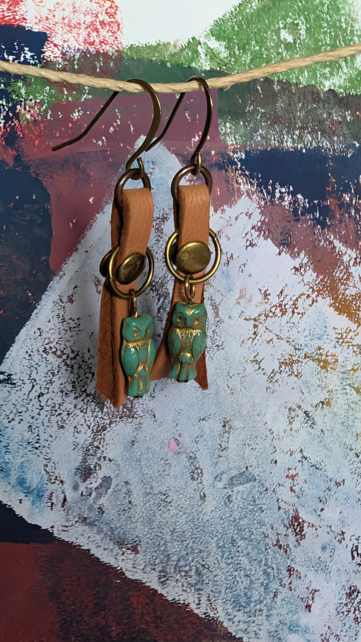 Leather And Glass Owls Earrings