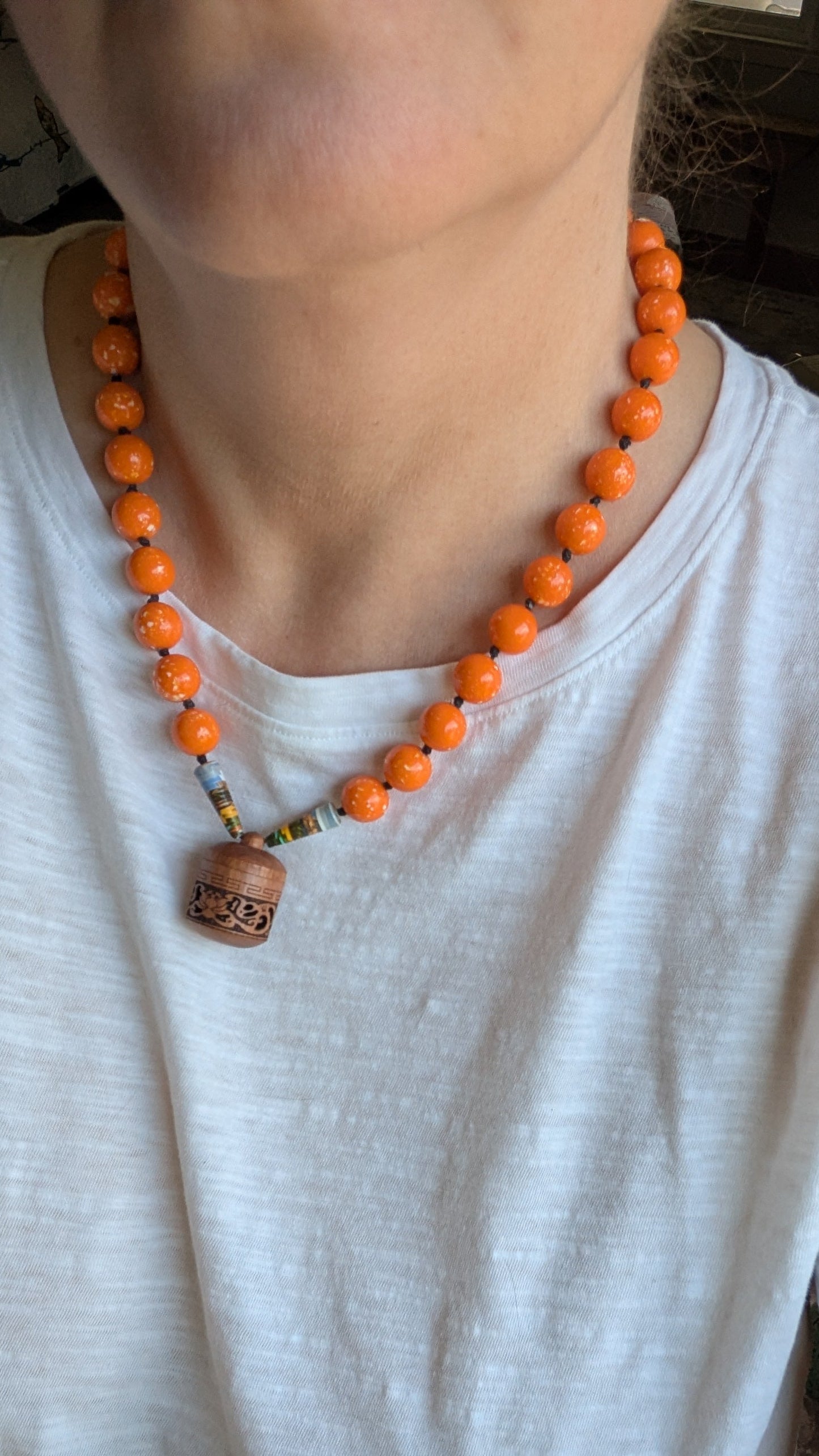 Chunky Beaded Necklace with Carved Wood incense holder Pendant