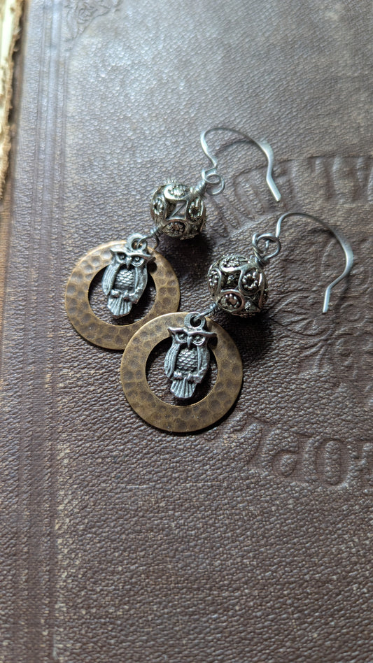 Mixed Metal Owl Earrings