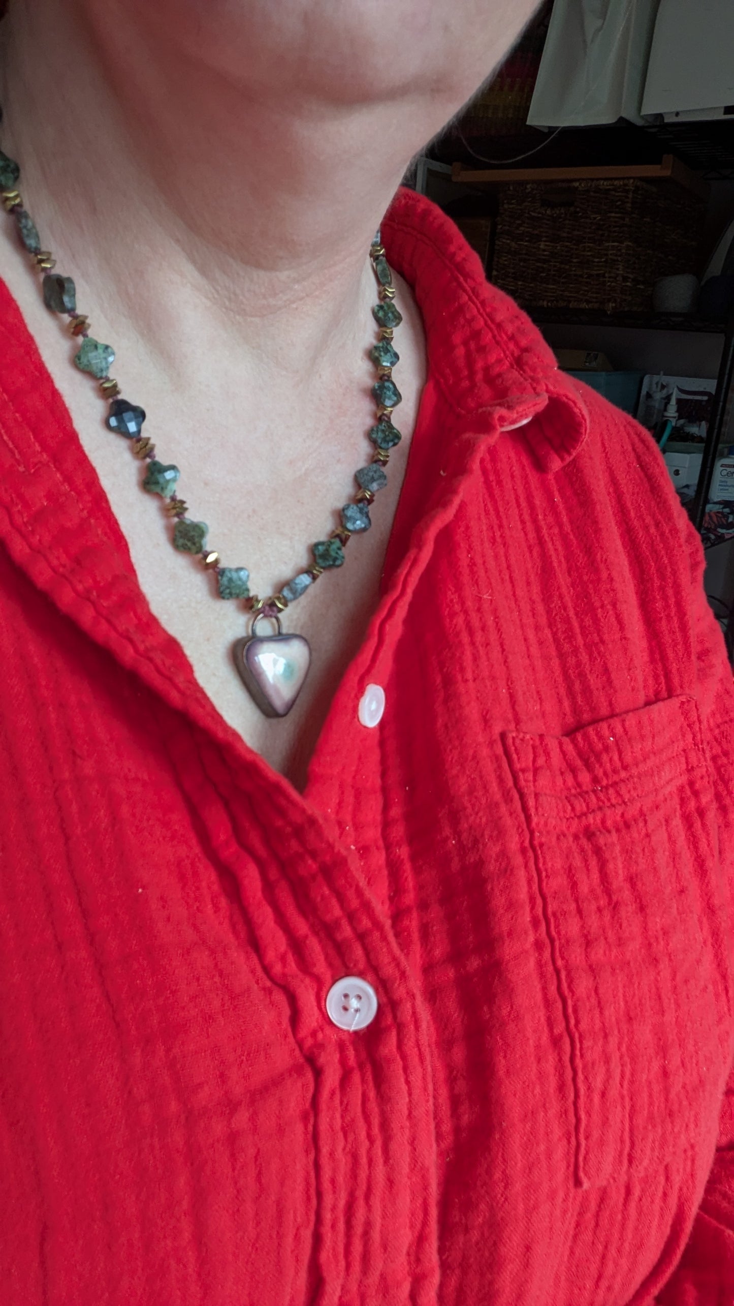 Knotted Necklace with African Turquoise and Ceramic Pendant