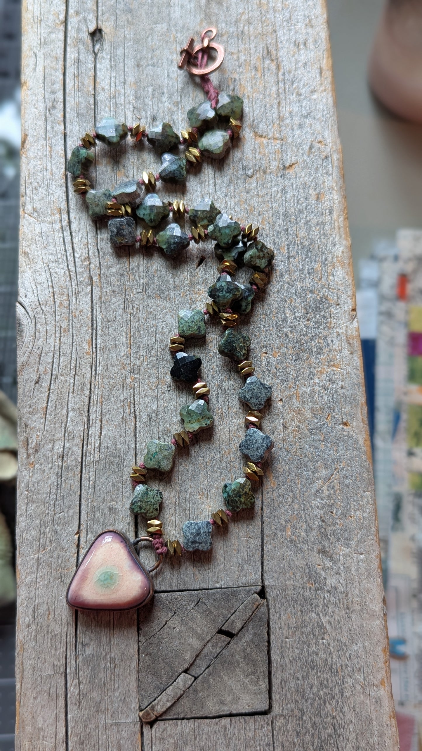 Knotted Necklace with African Turquoise and Ceramic Pendant