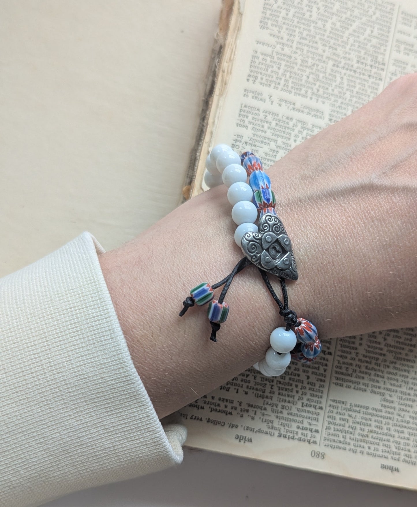 Glass Beaded Double Strand Bracelet with Heart Button