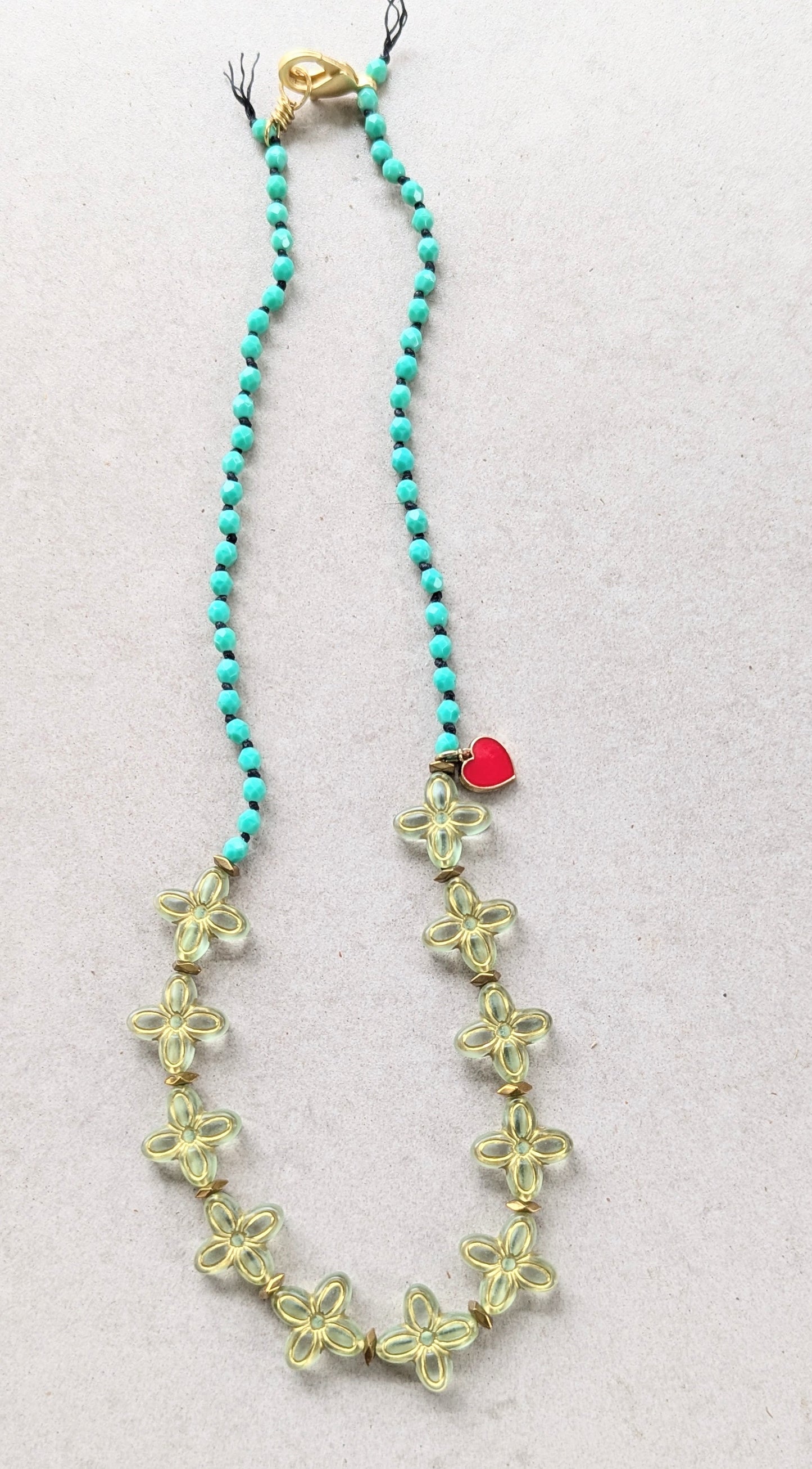Knotted Necklace with Lucite Flowers and Enamel Heart Charm
