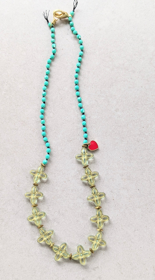 Knotted Necklace with Lucite Flowers and Enamel Heart Charm